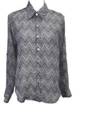 About A Girl Black & White Chevron Button-Down Flowy Blouse  Roll Tab Sleeves